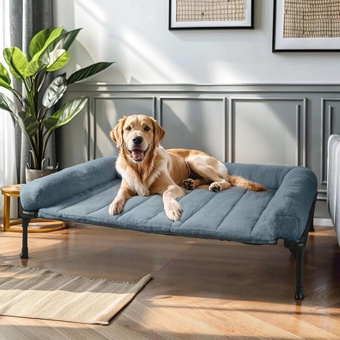 Veehoo Elevated Dog Beds Large Sized Dog with Fluffy Plush Bolster Cushion | Orthopedic Raised Dog Beds for Indoor Outdoor, Soft Pet Sofa Cot with Removable Washable Mat, No-Slip Feet, 42" x 30", Blue