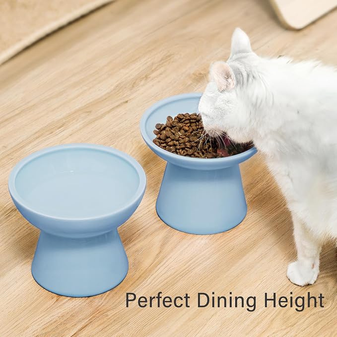 CEEFU Extra Wide Elevated Ceramic Cat Water Bowl - 6.2" Deeper Dish for Whisker Fatigue Relief, 5" Height for Easy Feeding, Lead & Cadmium Free, Durable Raised Cat Bowls, Blue