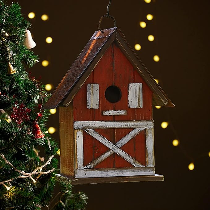 Topadorn Christmas Birdhouse, Hanging Wooden Garden Bird House for Outside, Unique for Bird Lovers, Outdoor Holiday Garden Decor for Blue Bird, Cardinals, Sparrow, Chickadee