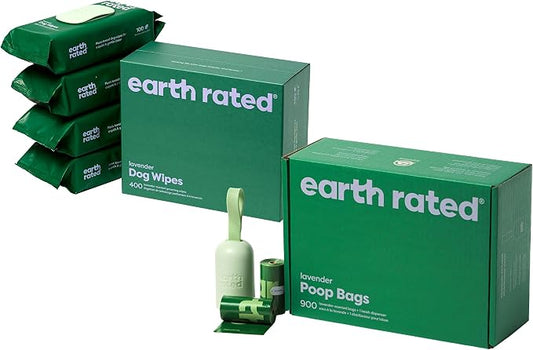 Earth Rated Dog Poop Bag Refill Rolls and Grooming Wipes Bundle, Includes Includes 1 Poop Bag Dispenser, 900 Leak Proof and Extra Thick Waste Bags and 400 Grooming Wipes, Lavender Scented