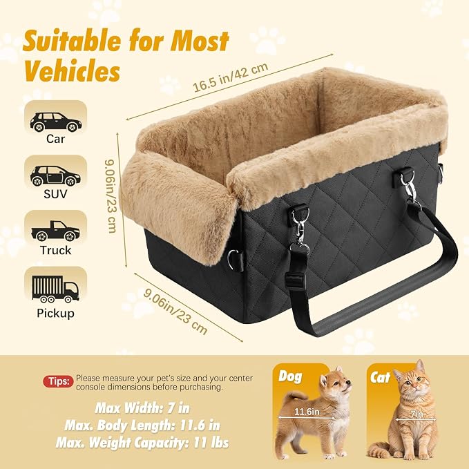 VavoPaw Center Console Dog Car Seat for Small Dogs&Cats Under 12 LBS | Puppy Car Seats with Non-Slip&Strong Support,Anti-Collapse Portable Pet Bed for Puppies with Soft Cushion Safety Belt,Brown