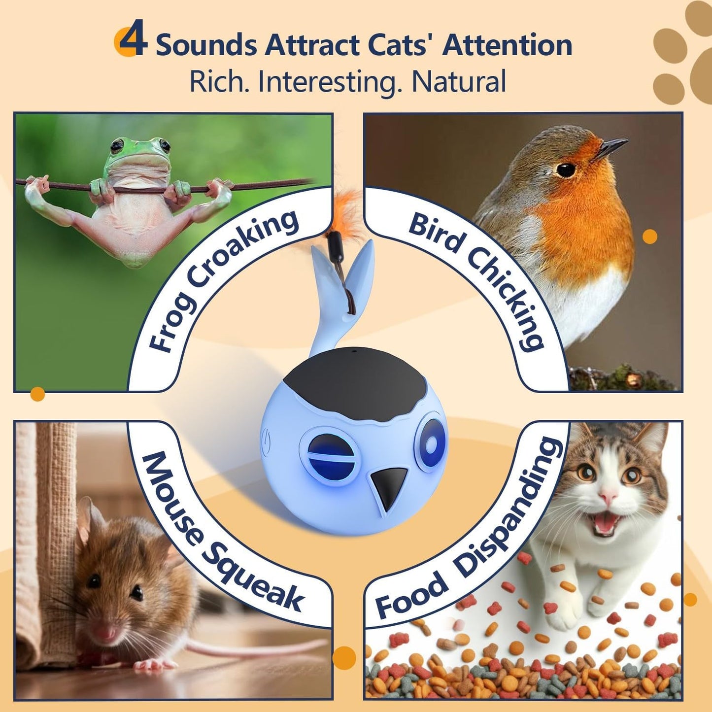 ORSDA Cat Toys, Interactive Cat Toy for Indoor Cats, Automatic Moving Ball Bird for Indoor Adult Cats Kitten Toys All Breeds, Fast Rolling Motion Activated Chirping Stimulating Light, 2 Feather Refill