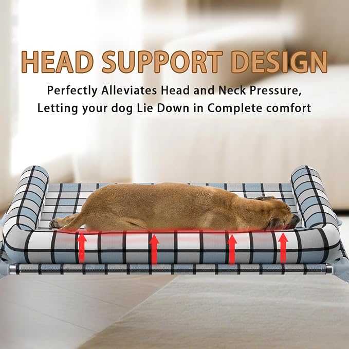 Elevated Dog Bed with Bolster,Portable Raised Lifted Pillow Pet Cot Beds | Breathable Fabric Dogs Hammock Bed for Indoor & Outdoor, Stainless Steel Frame, Anti-Slip Feet
