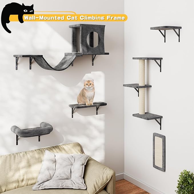 12-in-1 Cat Wall Shelves, Luxury Wall-Mounted Cat Climber Set with Condos House, Scratching Post, Bridge Ladder, Indoor Space-Saving Furniture for Kittens, Dark Gray