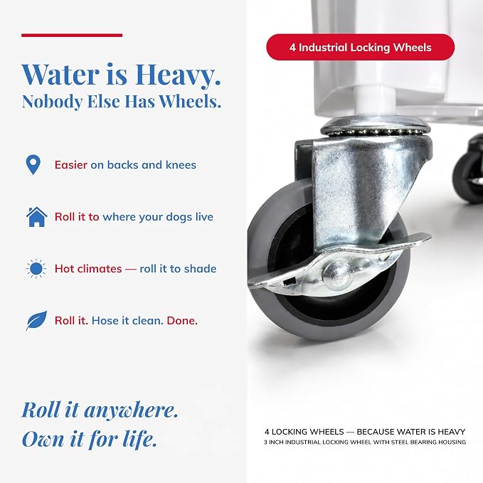 3.5 Gallon Top Fill Gravity-Fed Dog Waterer, Locking Wheels, Food Grade | Choose quality over disposable products, with US support and replaceable parts.