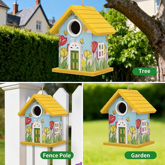 Wooden Bird Houses Bird House for Outside Yellow Wood Bird House for Outdoors,Handmade Painted Tulips Bird Houses for Garden Blue Bird Hummingbird Wren Cardinal Swallow Sparrow Finch Chickadee