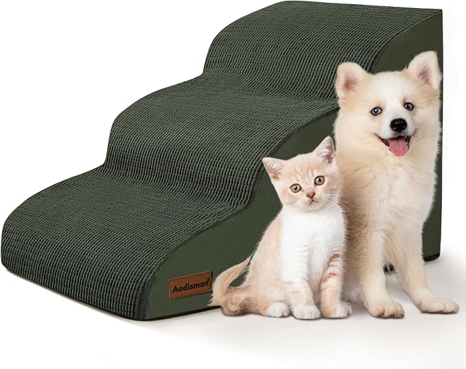 Aodisman Dog Stairs for Small Dogs and Cats,3-Step Pet Ramp for Couch,Chair | 15.7" H Non-Slip Sturdy Dog Steps with Curved Ramp for Senior,Short-Legged Dogs,Puppy and Cats to Reach Sofa or Chair,Green