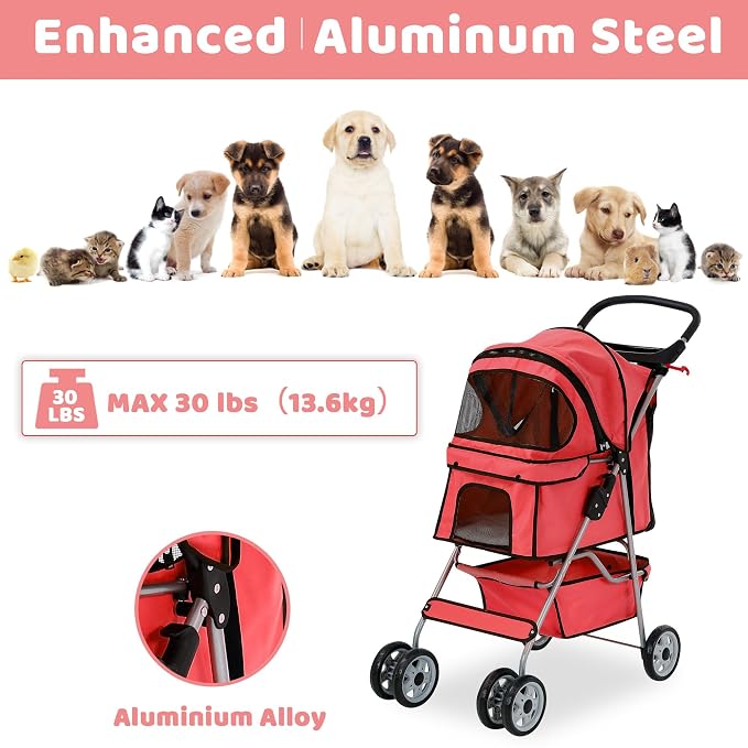 Pet Stroller for Small Medium Dogs & Cats, 4-Wheel Breathable Compact Foldable Dog Carrier with Storage Basket, Outdoor Portable Lightweight Travel Stroller for Camping,Red