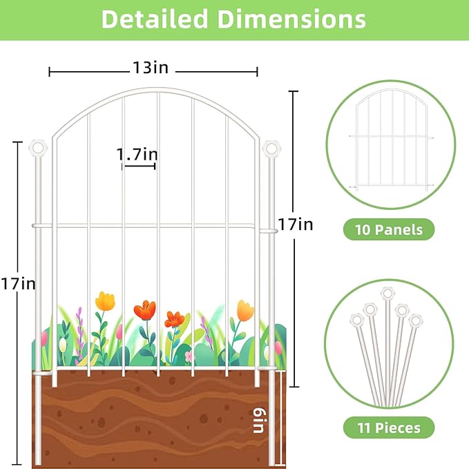 Decorative Garden Fence 17in x10ft, 10 Pack Rustproof Metal No Dig Fence Animal Barrier for Dog, Arched Flower Bed Edging Ornamental Wire Border Panel Fencing for Yard Patio Outdoor Decor White