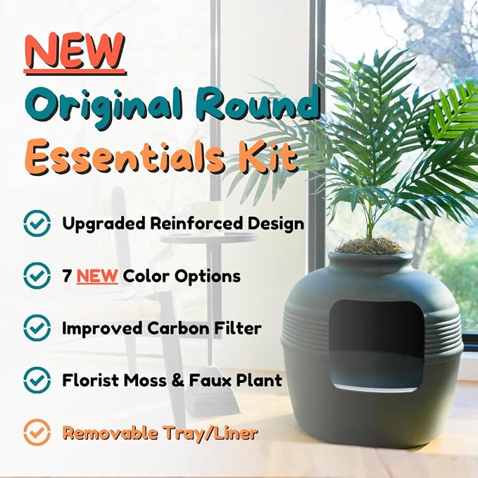 Good Pet Stuff Original Hidden Litter Box Planter, Decorative Cat Litter Enclosure with Carbon Filter, Artificial Palm Plant, Upgraded Design, Easy Clean Litter Tray, Essentials Kit, Black Suede