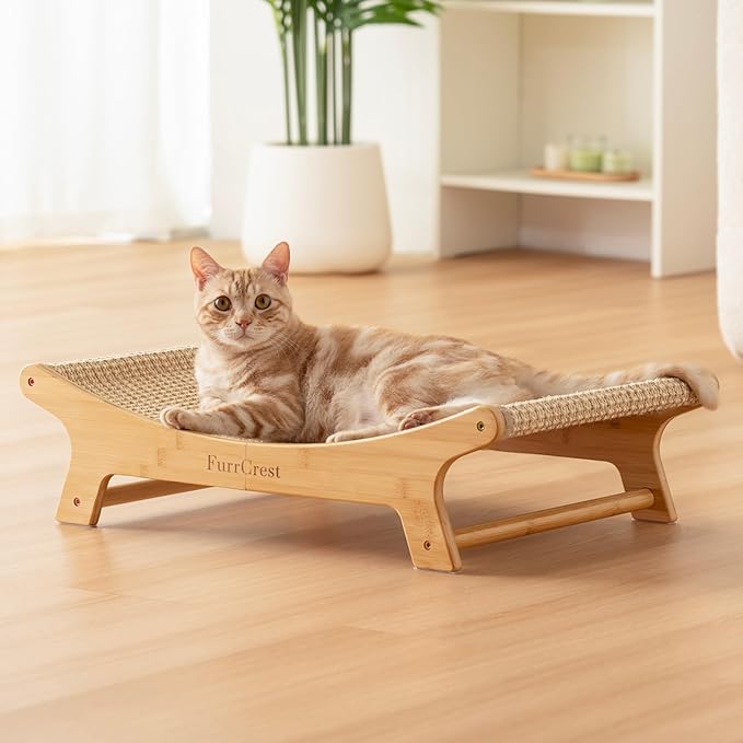 XL Sisal Cat Scratcher Bed with Elevated Hammock for Indoor Cats, Replaceable Natural Sisal Pad, Large Cat Lounge, Anti-Slip No-Wobble Bamboo Frame, Natural Grey