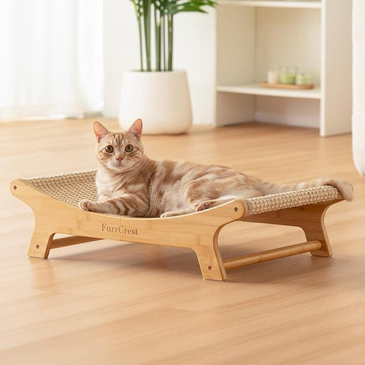 XL Sisal Cat Scratcher Bed with Elevated Hammock for Indoor Cats, Replaceable Natural Sisal Pad, Large Cat Lounge, Anti-Slip No-Wobble Bamboo Frame, Natural Grey