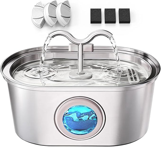 Stainless Steel Cat Water Fountain, 108oz/3.2L Pet Water Fountain for Cats Indoor, with Dual Spouts for Multiple Cats, Ultra-Quiet Automatic Dog Water Dispenser, 3 Replacement Filters Included