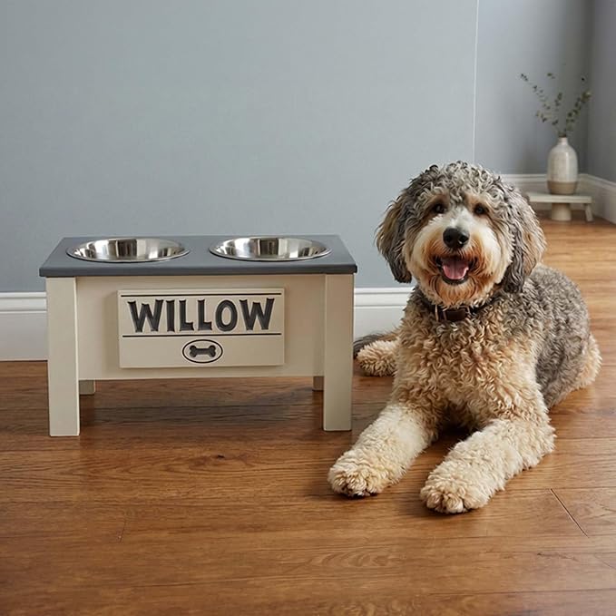 Elevated Dog Bowls for Large Dogs, Personalized Food Stand for Large Breed | Farmhouse Style, Elevated Wood Stand, Storage Container, Stainless Steel Bowls, Raised Anti-Slip Feeder, Made in USA