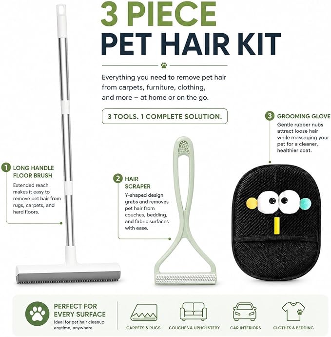 GOOGO Pet Hair Removal Tool Kit, 3 Pieces, White | 3 piece white tool kit, long handle brush, 50 in length, for pet hair on sofas, rugs, seats, and car mats