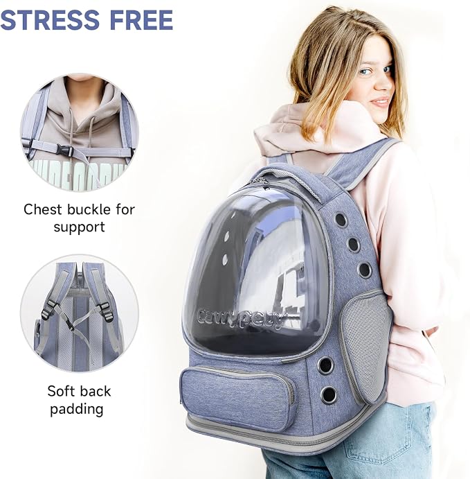 Cawypety Cat Backpack Carrier, Breathable Cat Carrier Large Space Bubble Pet Backpack for Kitty Small Dog up to 12lbs, Transparent & Foldable Pet Carrier for Travel Hiking (Blue