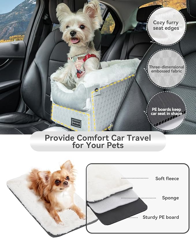 PETSFIT Small Dog Car Seat with Washable Cushion, Soft Pillow, Safety Leash | Dual Seat-rail Hooks with Adjustable Straps Help Reduce Shifting, Console Dog Car Seat for pets Under 8 lbs, Light Grey