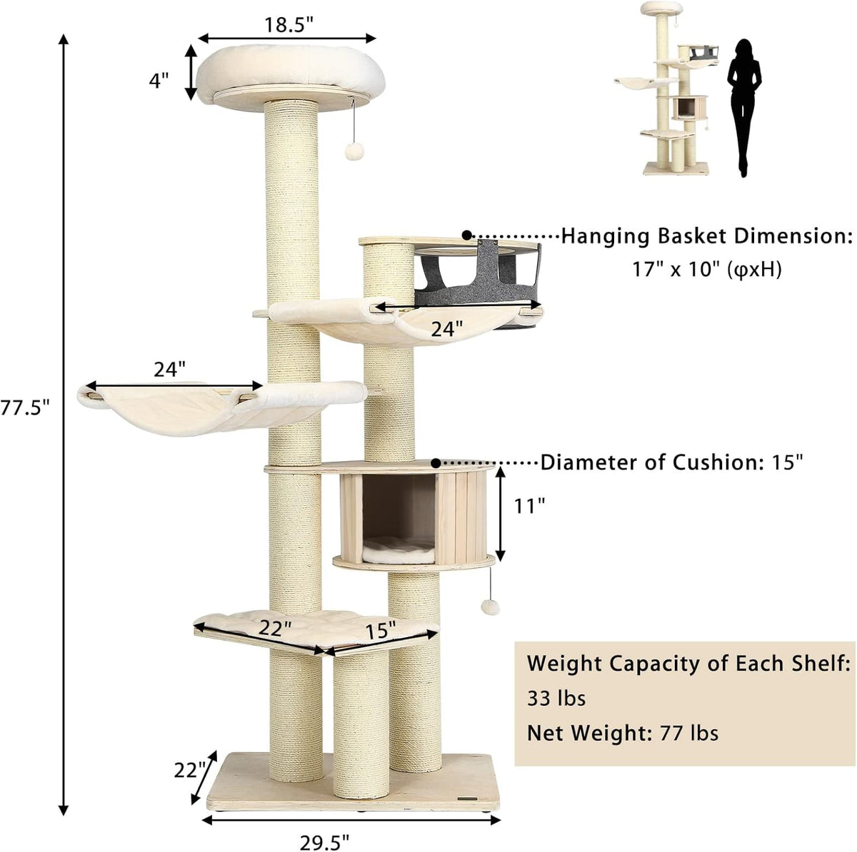 Tangkula Large Cat Tree, Multi-Level Tall Cat Tower with Sisal Scratching Posts, Hammocks, Hanging Basket, Cat Condo and Removable Washable Cushions, Modern Wood Cat Tree for Indoor Cats Large Adult