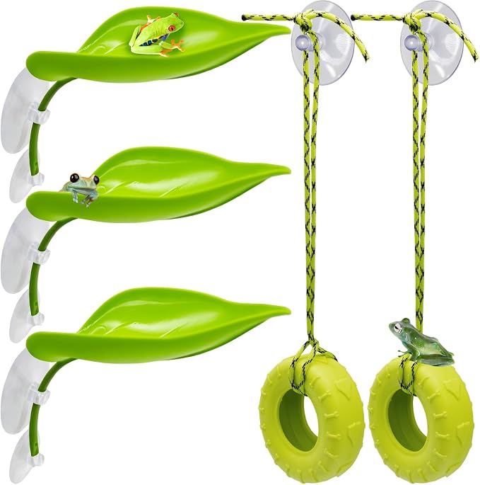 Tree Frog Habitat Toy Plastic Leaf Decorations Tire Swing Habitat Miniature with Suction Cups Frog Habitat Platform Terrarium Decor Accessories for Crested Geckos, Leopard (Green)