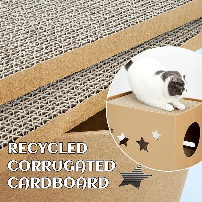 Cat Cardboard House with 2 PCS Scratching Pads，Large Cat Scratcher Bed Cat Scratchers Lounge for Indoor Cats with Corrugated Board Detachable Cat Scratcher Box for Cats(Star)