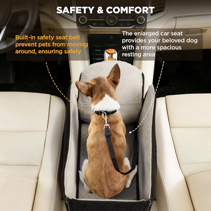 BONTHEE Center Console Dog Car Seat for Small Dogs- Anti-Collapse Design with Soft Plush & Sturdy Support Board, Adjustable Safety Leash for Small Dogs & Cats up to 15 lbs