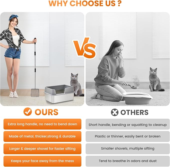 PETOCAT Cat Litter Scoop 43 inch Metal Litter Scooper with Stainless Steel Long Handle, Upgraded Large Kitty Box Scooper Heavy Duty Deep Shovel for Fast Sifting, Dog Waste Scooops for Outside Pet Poop