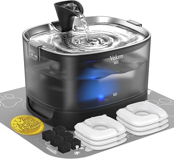 Veken Cordless Cat Water Fountain with Stainless Steel Tray & Secure Clips, 6 Filters + 6 Filter Sponges, 5200 mAh Battery Operated Pet Drinking Dispenser with LED Light, 85oz/2.5L Wireless Fountain