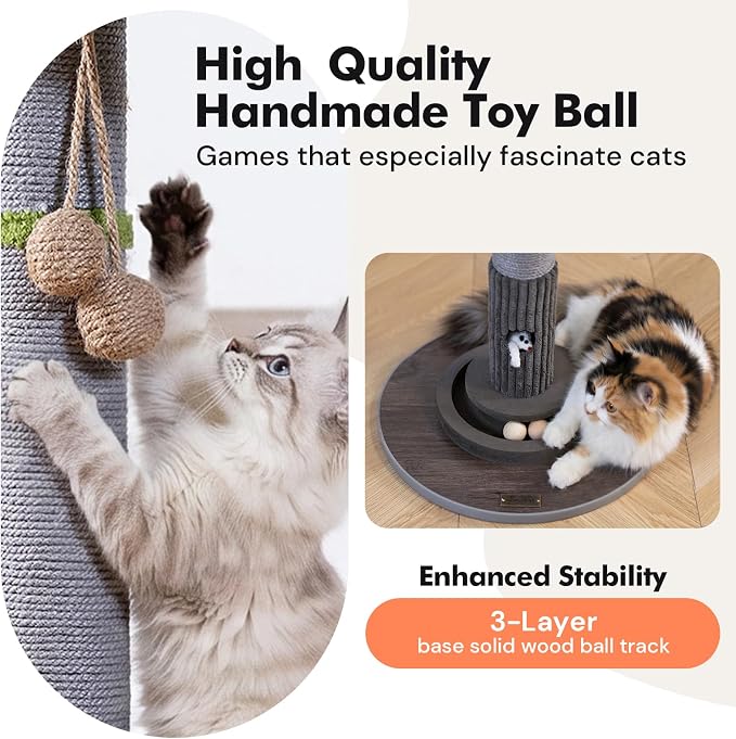 WOOCHPET Cat Scratching Post for Indoor Cats 35" Tall, Sisal Cat Scratcher with Mouse Toy and Track Balls, Wooden Base (Grey)