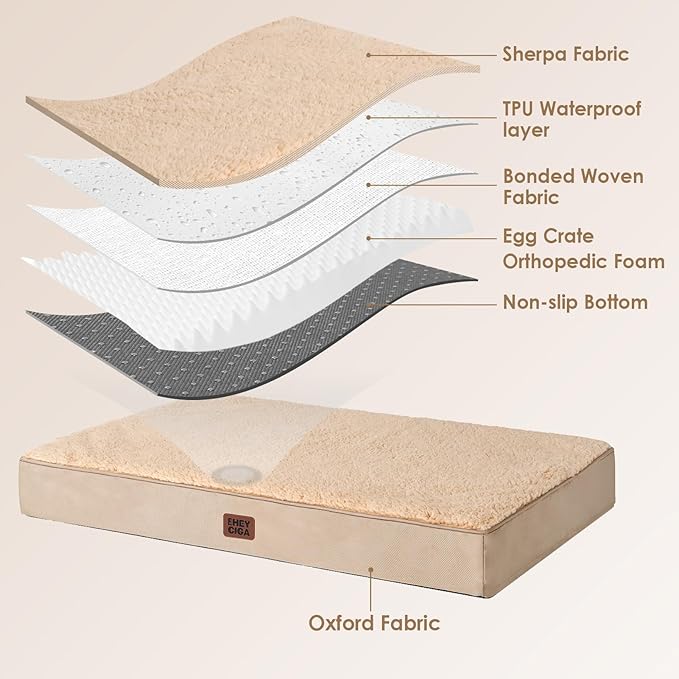 EHEYCIGA Orthopedic Dog Bed Large with Removable Washable Cover, 50IN Khaki | Egg Crate Foam Support, Durable Oxford fabric, Non-Slip Bottom, Machine Washable, Soft Waterproof Plush Pet Bed Mat For Crate