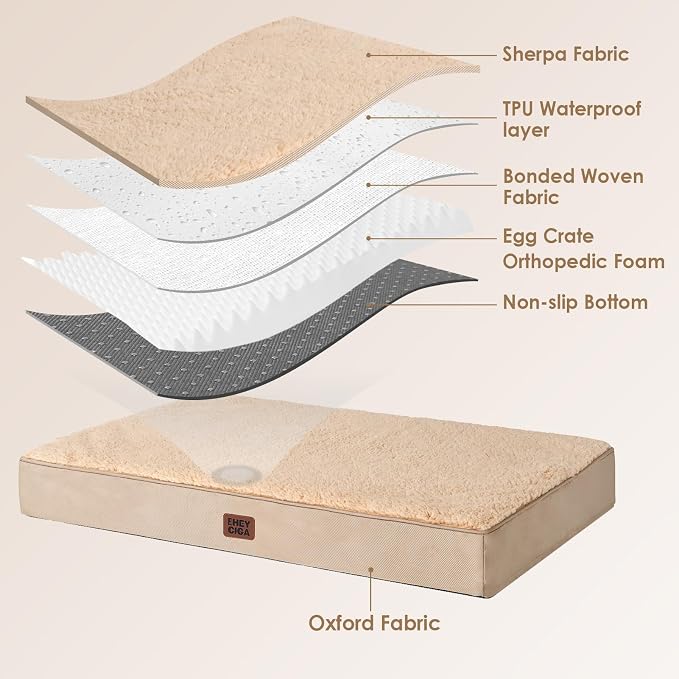 EHEYCIGA Orthopedic Dog Bed Large with Removable Washable Cover, 41IN Khaki | Egg Crate Foam Support, Durable Oxford fabric, Non-Slip Bottom, Machine Washable, Soft Waterproof Plush Pet Bed Mat For Crate