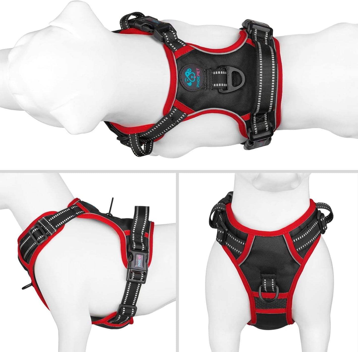 PHOEPET 2019 Upgraded No Pull Dog Harness, Reflective Adjustable Vest, with a Training Handle + 2 Metal Leash Hooks+ 3 Snap Buckles +4 Slide Buckles(M, Black)