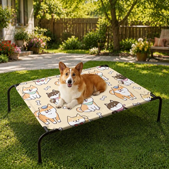 Cartoon Yellow Dog Bone Pattern Orthopedic Elevated Dog Pet Bed (35"X25"X8"),with Metal Frame,Breathable Waterproof Dog Kennel,Sleeping Bed for Small Medium Large Dogs Cats,for Home,Outdoor Use