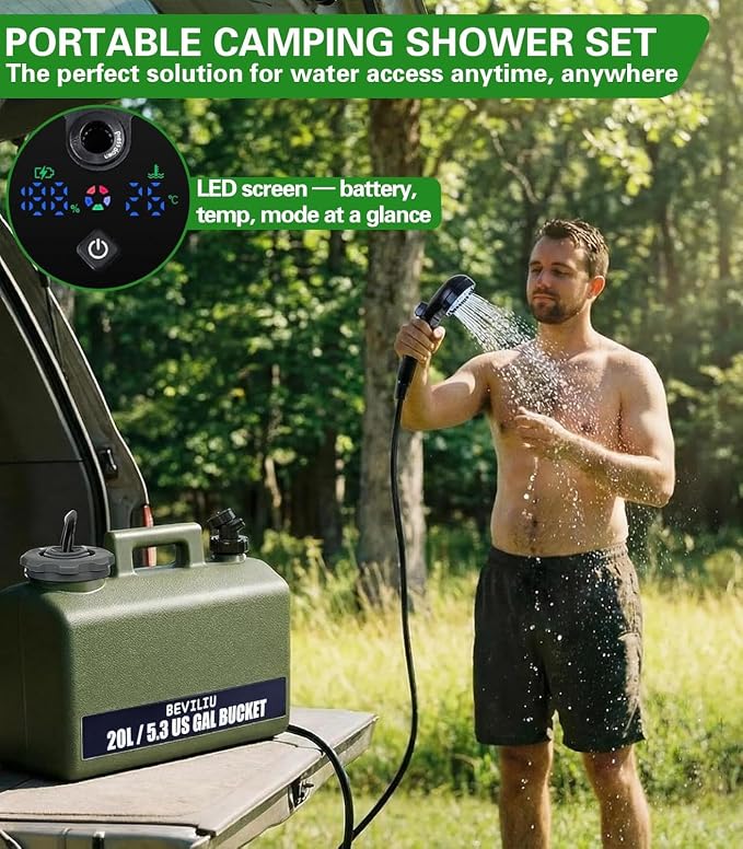 Beviliu Portable Camping Shower – 3 Gallon & 5 Gallon Food-Grade Jug, Rechargeable Pump, IPX8 Waterproof, Lightweight & Extra-Large Portable Shower for Camping, Beach, RV, Pet