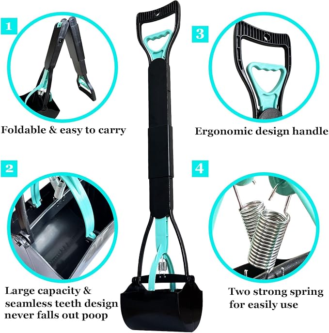 ienjoyed 32" Tall Pooper Scooper, Large Pooper Scooper for Dogs Heavy Duty, Dog Pooper Scooper with Long Handle & High Strength Durable Spring, Foldable Dog Poop Pick Up (Bottom Seamless)