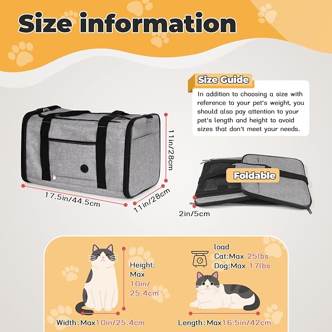 YUDODO 2 Packs 25 lbs Lightproof Soft Sided Cat Carrier for Large Cat & Small Dog Airline Approved Travel Bag Pet Puppy Carriers with Side Pockets & Reflective Mesh, Foldable Portable for Car 2 Grey