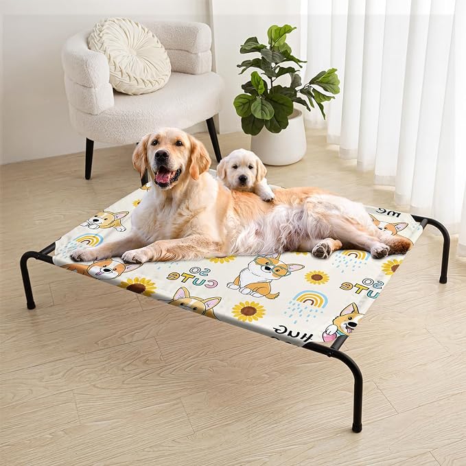 Kawaii Corgi Sunflower Orthopedic Elevated Dog Pet Bed(35"X25"X8"),with Metal Frame,Printing Breathable Waterproof Dog Kennel,Sleeping Bed for Small Medium Large Dogs Cats,for Home,Outdoor Use