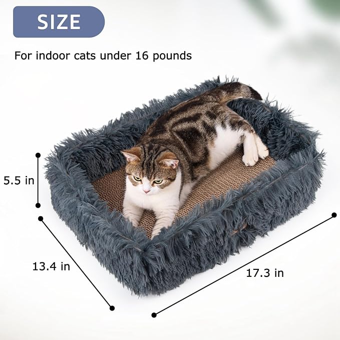 Cat Lounge Scratcher Box with Removable Cardboard (Dark Grey) | High-density Corrugated Cardboard with Double-sided Use, Soft Long Plush, Release Stress and Protect Furniture