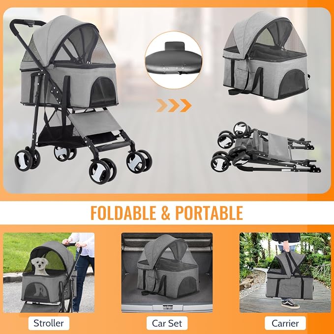 FDW 3 in 1 Multi-Function Dog Jogger with Detachable Carrier, Lightweight Travel Stroller for Small and Medium-Sized Pets (Grey, 4 Wheels)