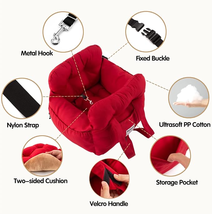 Dog Car Seat for Small Dogs, Portable Puppy Car Seat of Easy Installation, Fashionable Pet Carrier Bag with Large Pockets, Machine Washable Dog Booster Seat (Red)