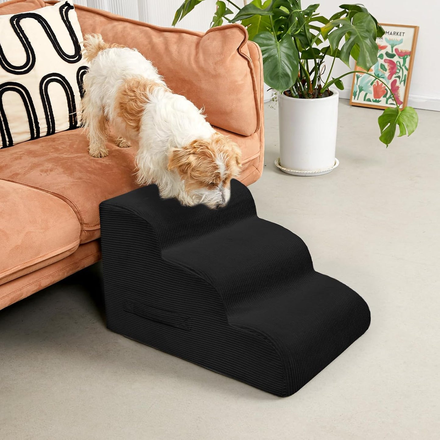 Dog Steps for Small Dogs, 3-Step Pet Ramp Stairs for High Beds and Sofa, Non-Slip Pet Stairs for Small Dogs and Cats, Removable and Easy to Clean Cover, Black
