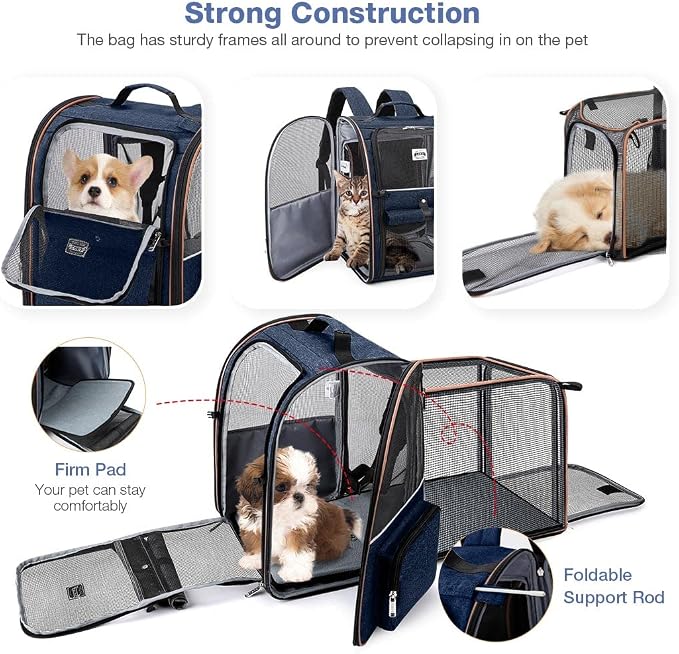 Extra Large Cat Backpack Carrier Expandable Pet Carrier Backpack for Small Dogs Medium Cats Fit Up to 18 Lbs, Dog Backpack Carrier, Foldable Puppy Backpack Carrier for Travel, Hiking,Blue