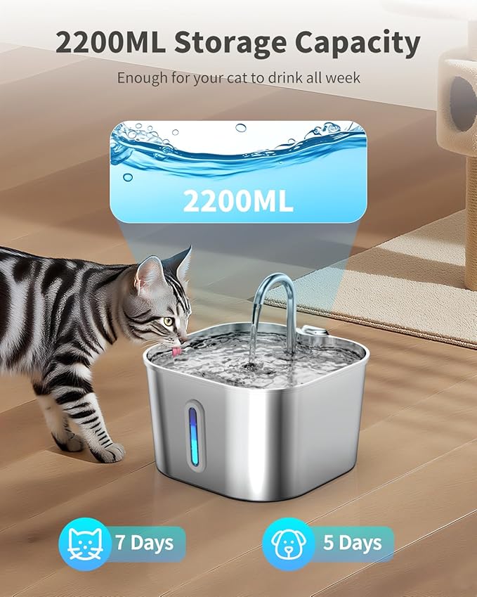 Lawfery Cat Water Fountain Stainless Steel, 74oz/2.2L Automatic Cat Drinking Fountain with 4 Filters & 4 Sponges, Pet Water Dispenser with Quiet Pump, Suitable for Cats, Dogs and Multi-pet households