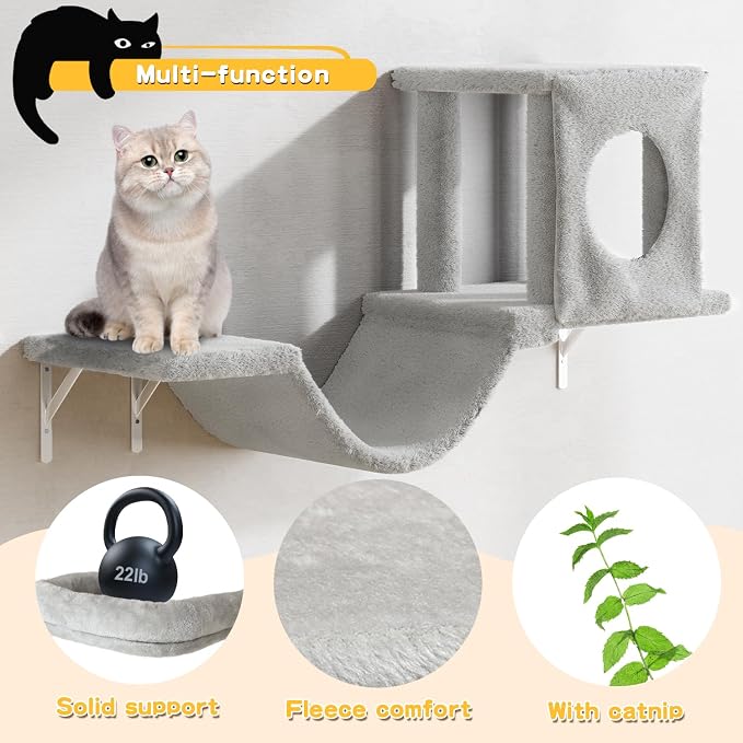 12-in-1 Cat Wall Shelves, Luxury Wall-Mounted Cat Climber Set with Condos House, Scratching Post, Bridge Ladder, Indoor Space-Saving Furniture for Kittens，Gray