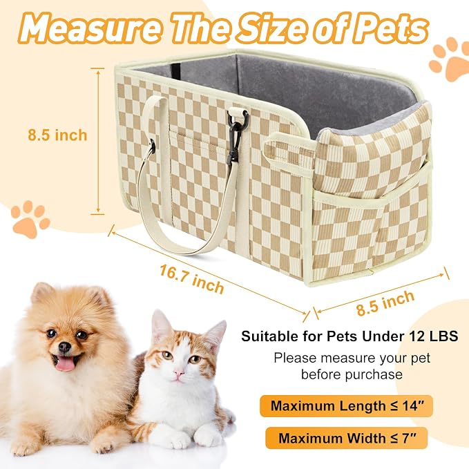 Console Dog Car Seat for Small Dogs, Foldable Booster Seat, Khaki Checkered | Portable Booster Seat Sits On Car Console/ Armrest. Foldable for Easy Storage. for Center Console, Easy To Clean.