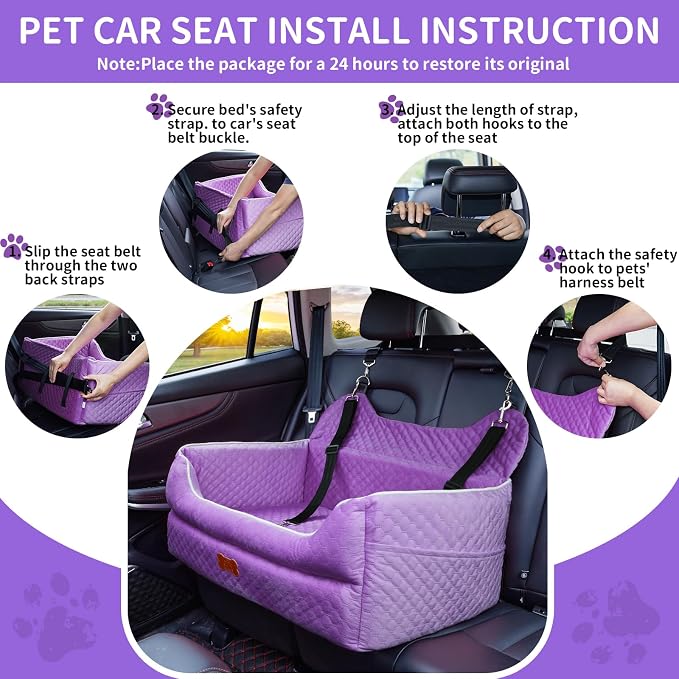 Dog Car Seat for Large/Medium Dogs - Memory Foam Dog Booster Seat for Under 55Lbs or 2 Small Dogs-Detachable and Washable Travel Bed with Thick Cushion and Storage Pockets-Purple