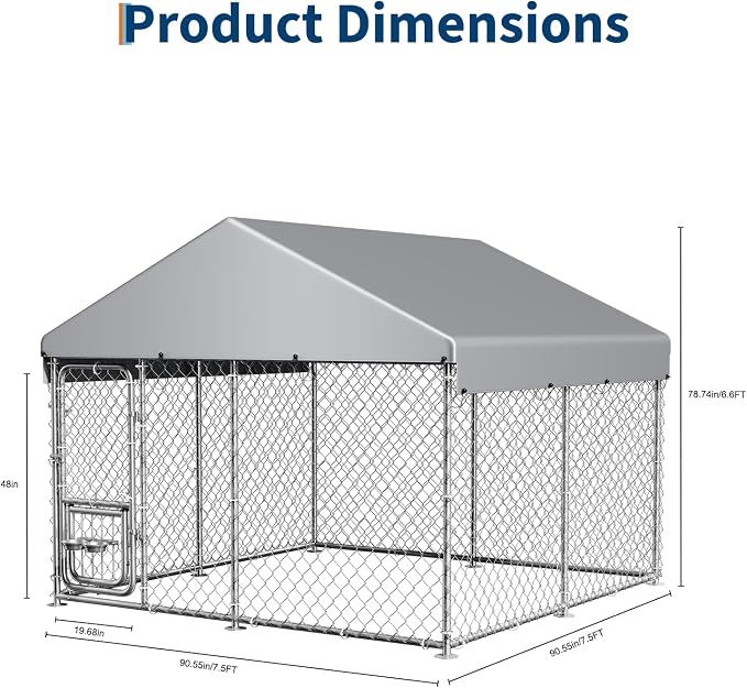 GarveeLife Dog Kennel Outdoor with Waterproof Cover, Outdoor Dog Enclosure with 360° Rotating Feeding Bowls, Dog Kennel Outside for Backyard, 7.5ftx7.5ftx6.6ft