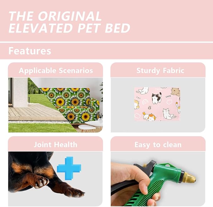 Kawaii Cat Pattern Orthopedic Elevated Dog Pet Bed(47"X31"X9"),with Metal Frame,Printing Breathable Waterproof Dog Kennel,Sleeping Bed Set for Small Medium Large Dogs Cats,for Home,Outdoor Use