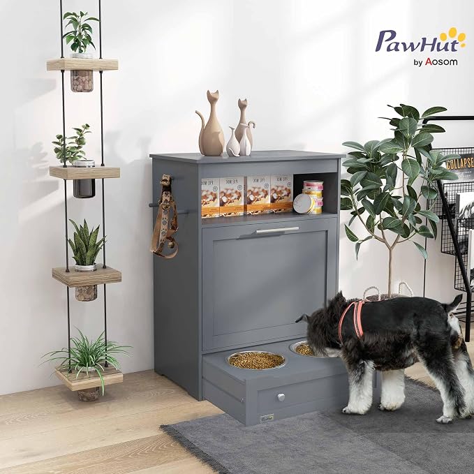 PawHut Dog Feeding Station with Raised Bowls, Pet Feeder Station, Gray | Dog Food Storage Cabinet, Hanger for Feeding & Watering Supplies