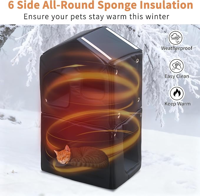 Outdoor Cat House with Liner, 100% Insulated Cat Houses for Winter Outside | 2 Story Waterproof Cat House for Outdoor Cats, Sturdy Cat Bowls & Scratch Pads, Clean Easily