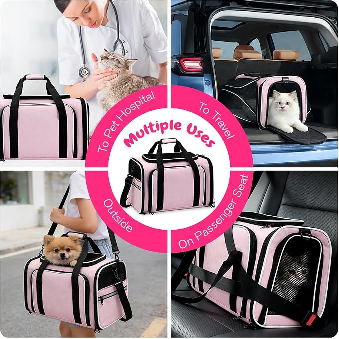 Double Expandable Cat Carrier,Airline Approved Soft-Sided Pet Travel Carrier for Small Dogs Cats under 15 lbs,Waterproof 600D Oxford Fabric with Washable Replacement Liner,Odor-Free & Claw-Proof(Pink)